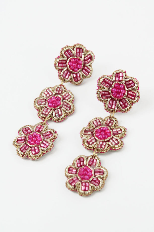 3 Drop Folk Floral Earrings - Pink