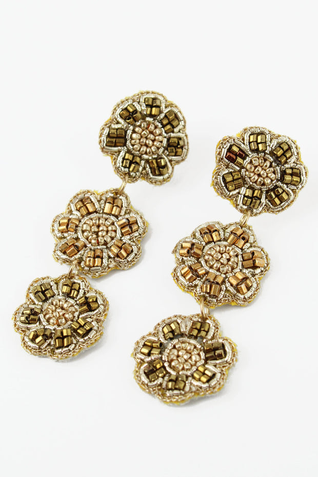 3 Drop Folk Floral Earrings - Gold