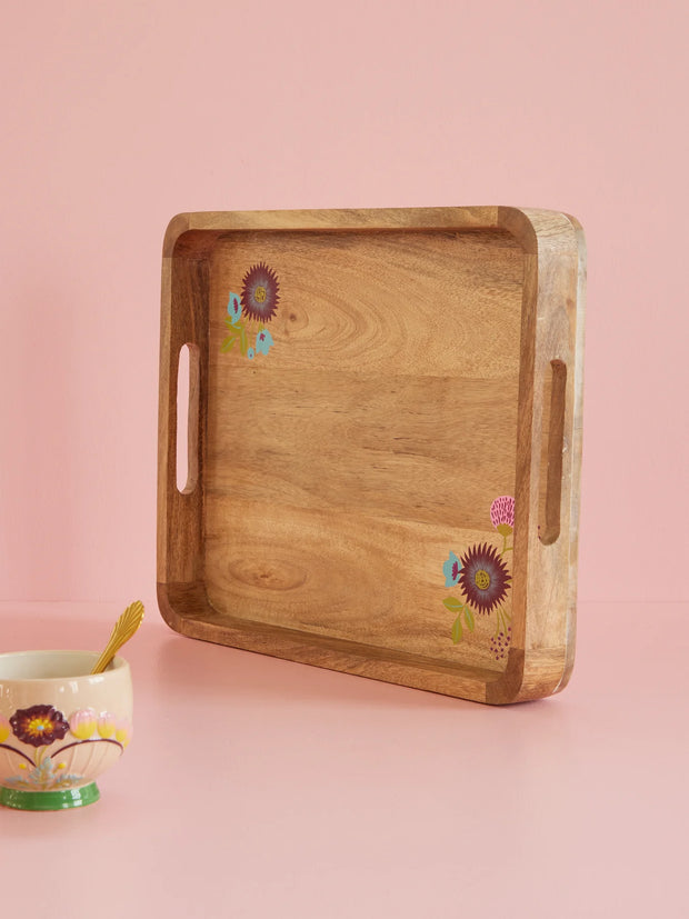 Rice Rectangular Wooden Tray with Flowers