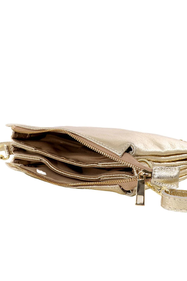 Three Sectioned Leather Cross Body Bag - Gold