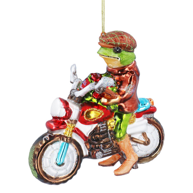Glass Christmas Tree Decoration - Frog On A Motorbike