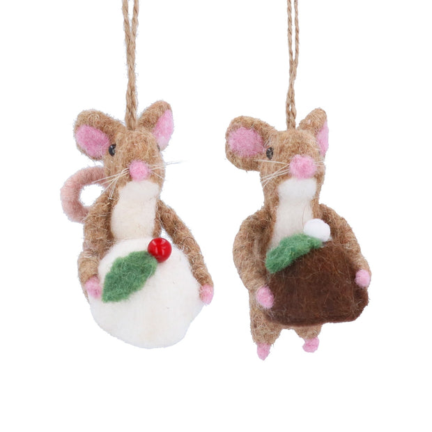 Wool Christmas Decorations - Brown Mouse With Pudding