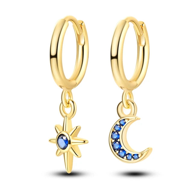 Gold Hoop Earrings with Blue Zirconia Star & Moon Charms