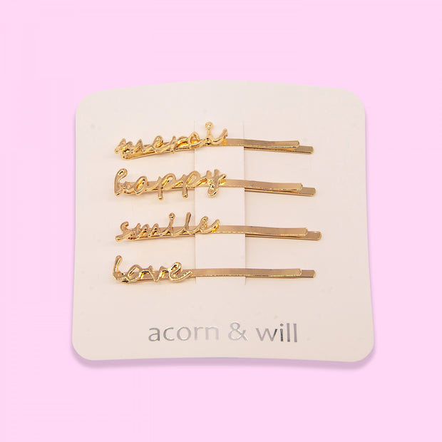 Gold Word Hair Slides - Set of 4