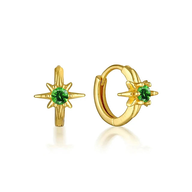 Gold Hoop Earrings with Emerald Zirconia Star