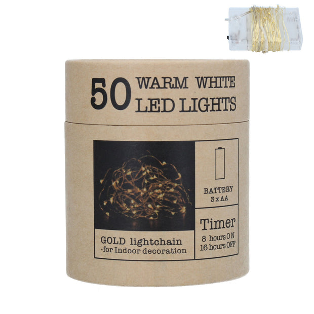 50 Warm White LED Lights on Gold Wire - 5m