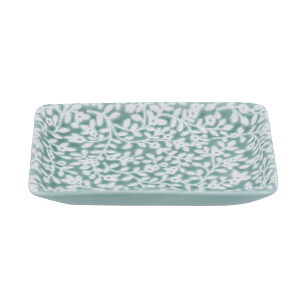 Ceramic Small Trinket Dish - Green & White Vines