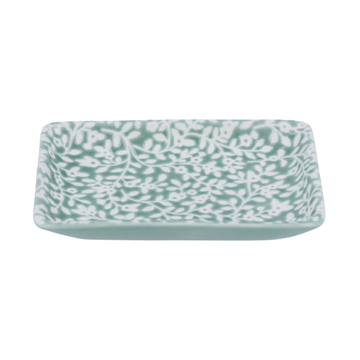 Ceramic Small Trinket Dish - Green & White Vines