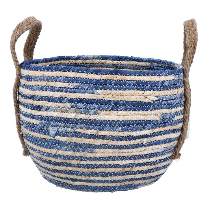 Corn Husk Blue Striped Basket - Medium