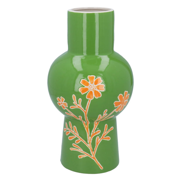 Ceramic Decorative Vase - Green with Orange Flowers