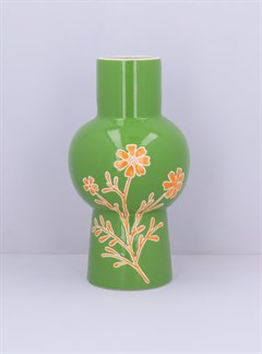 Ceramic Decorative Vase - Green with Orange Flowers