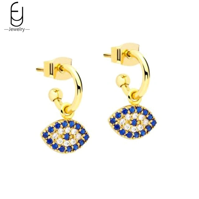 Blue Devil's Eye Pendant Gold Hoop Earrings