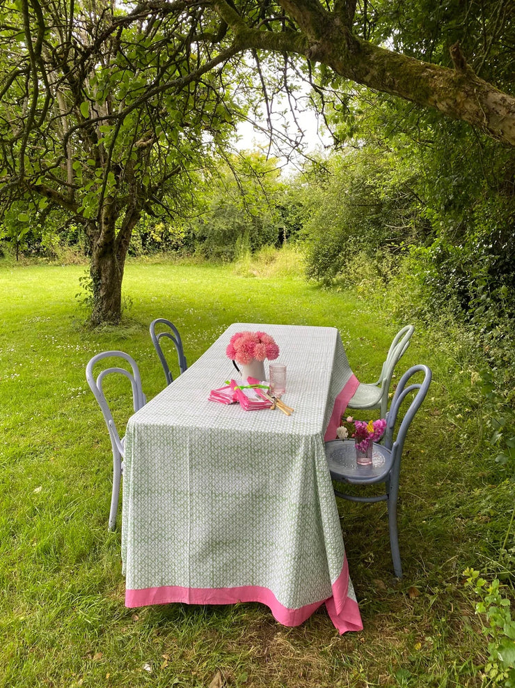 Twizzell Block Print Large Tablecloth - Sage, White & Pink