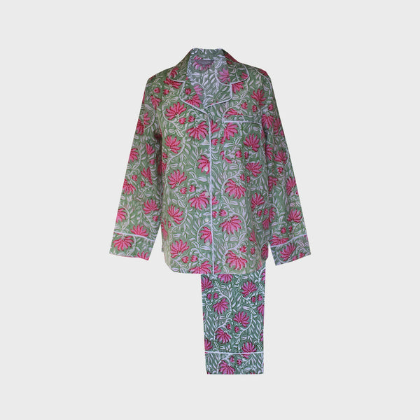 Lime Tree Block Printed Pyjamas - Jaipur Green & Pink