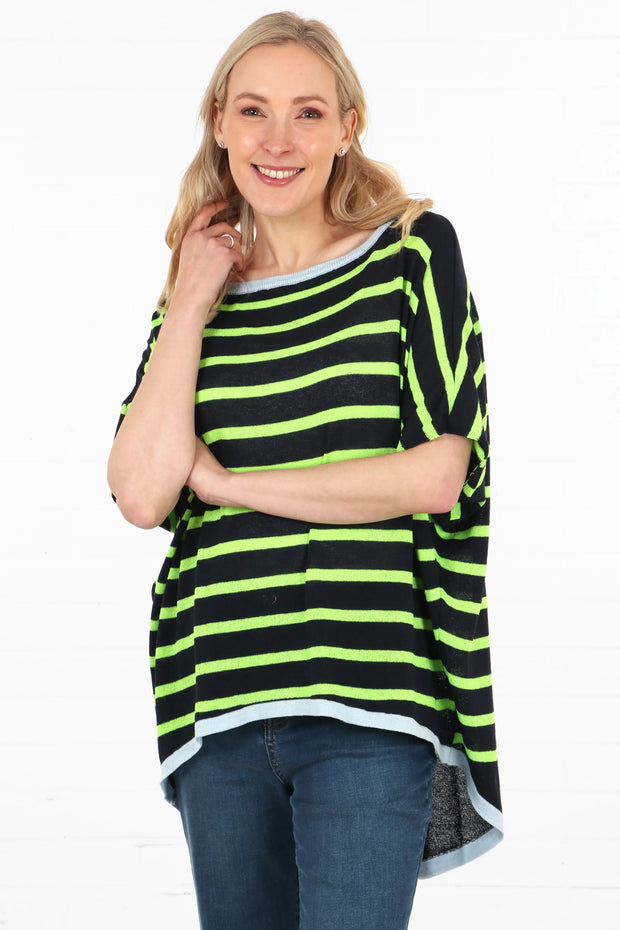 Short Sleeved Stripe Cotton Jumper - Navy & Lime