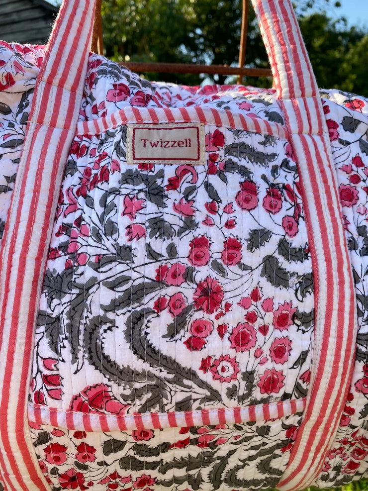 Twizzell Indian Block Print Weekend Bag - Pink & Grey Floral