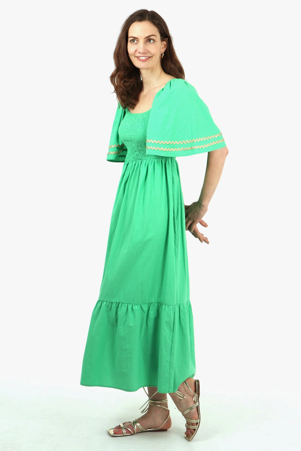 Cotton Maxi Dress with Shirred Bodice - Green