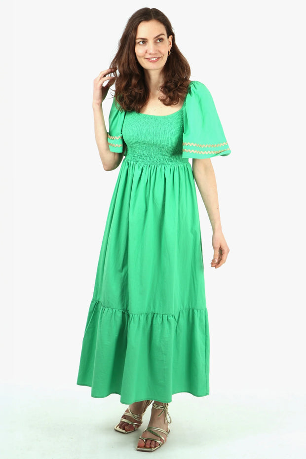 Cotton Maxi Dress with Shirred Bodice - Green