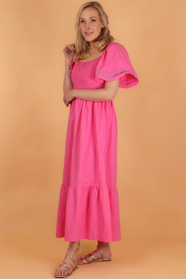 Pink Cotton Maxi Dress with Shirred Bodice