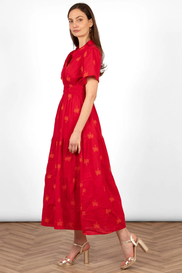 Ines Tiered Embroidered Maxi Dress - Red & Orange