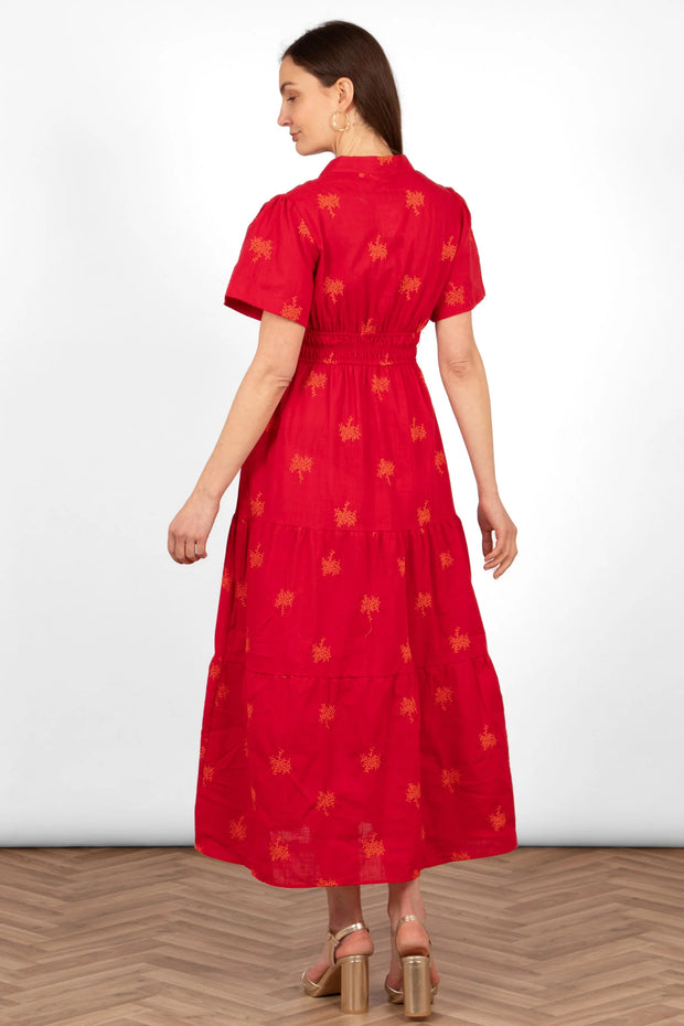 Ines Tiered Embroidered Maxi Dress - Red & Orange