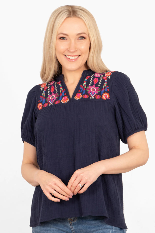 Lula Floral Embroidered Blouse - Navy Blue