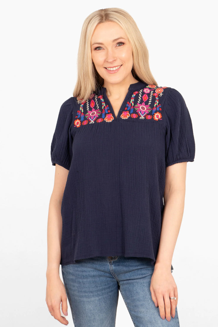 Lula Floral Embroidered Blouse - Navy Blue