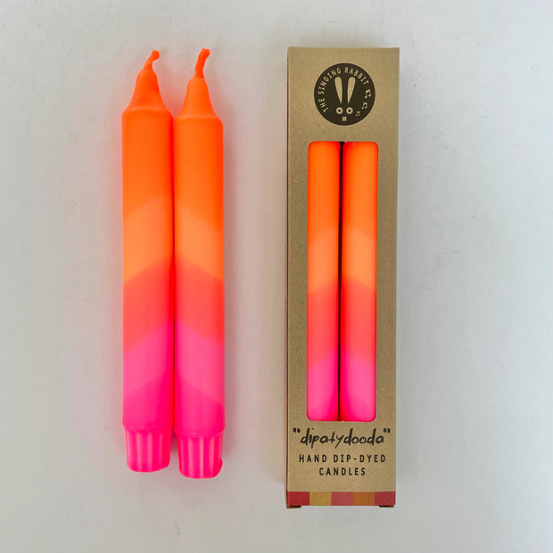 The Singing Rabbit 2 Dinner Candles - Neon Orange & Pink Swirl