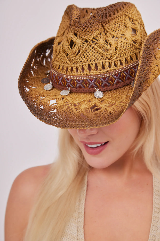 Distressed Cowboy Hat with Trim and Coins