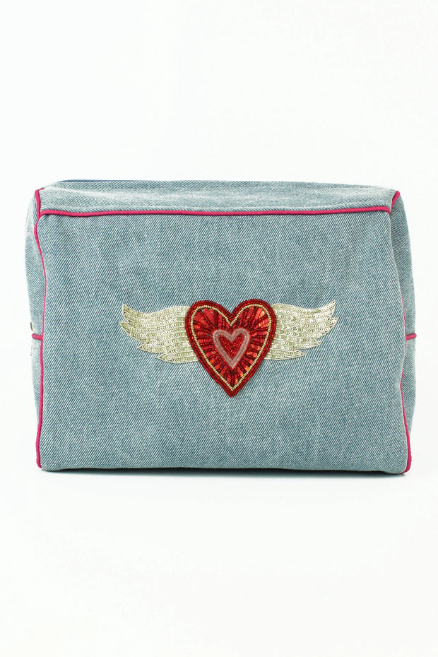 My Doris Flying Heart Denim Wash Bag