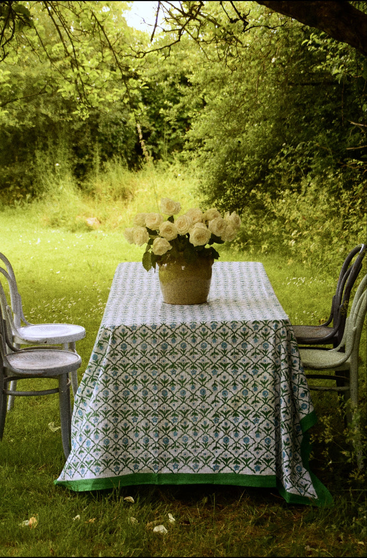 Twizzell Block Print Large Tablecloth - Blue & Green Diamond