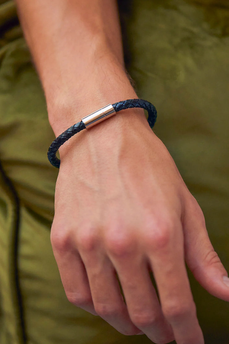 Bartlett Men's Leather Single Plaited Wrap Bracelet - Navy