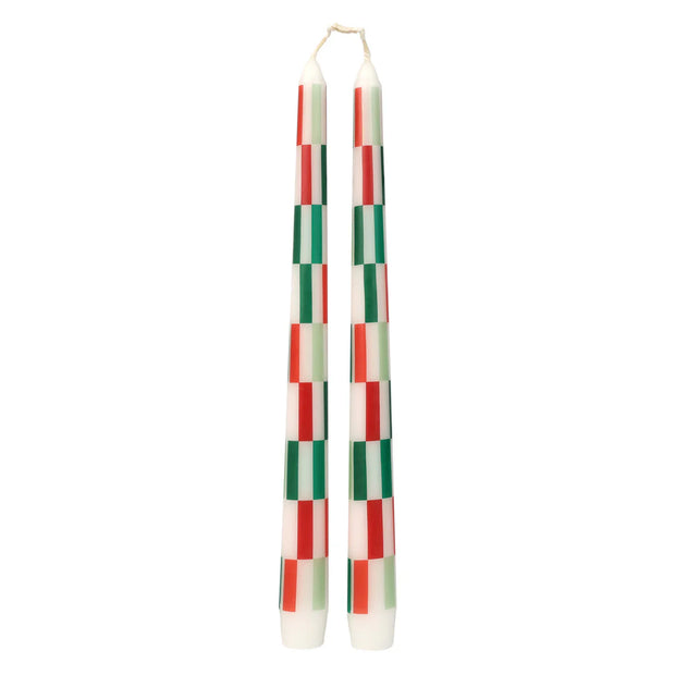 Talking Table Set of 2 Dinner Candles - Red & Green Check