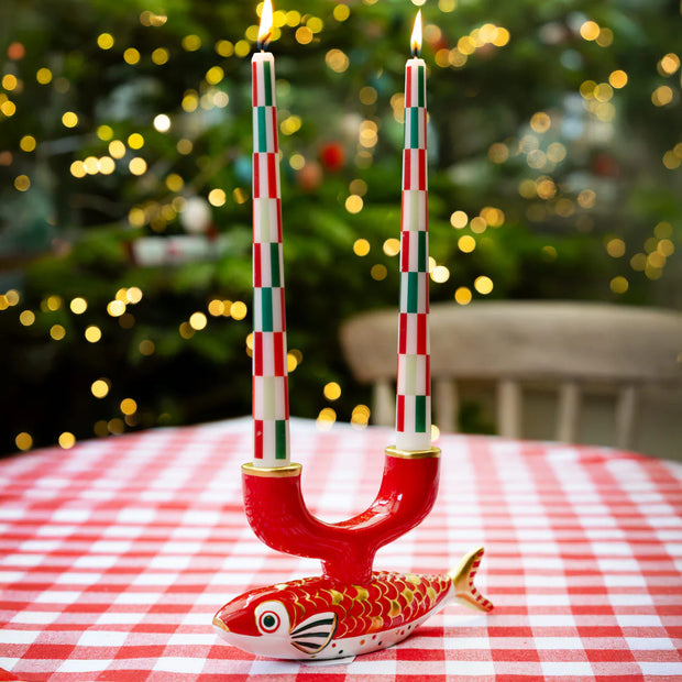 Talking Table Set of 2 Dinner Candles - Red & Green Check