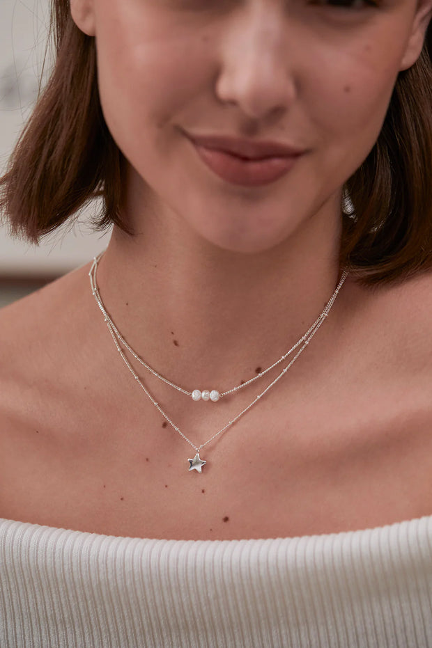 Beaded Chain And Pearl Necklace - Silver
