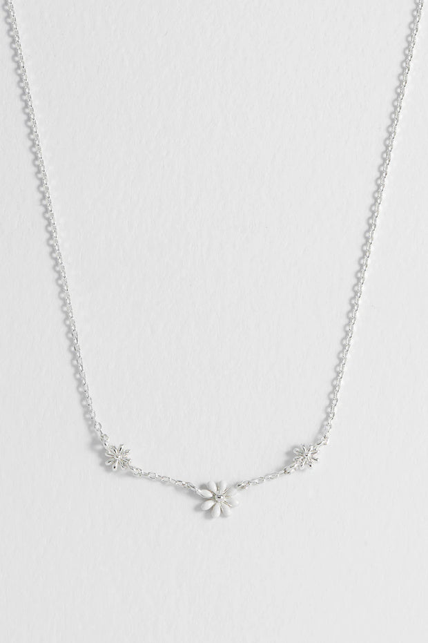 Triple Flower White Enamel Necklace in Gold or Silver