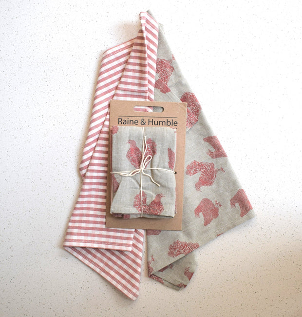 Raine & Humble Set of 2 Tea Towels - Gingham & Henrietta, Fig Pink