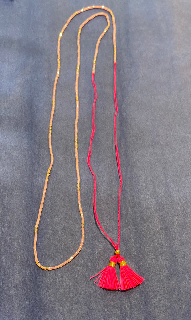 Neon Pink Beaded Tassel Necklace