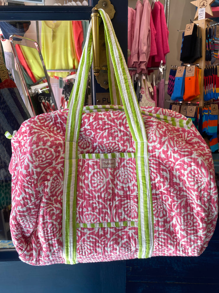 Twizzell Indian Block Print Weekend Bag - Pink Floral with Green Straps