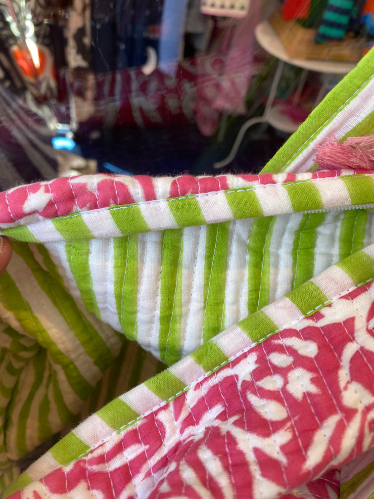 Twizzell Indian Block Print Weekend Bag - Pink Floral with Green Straps