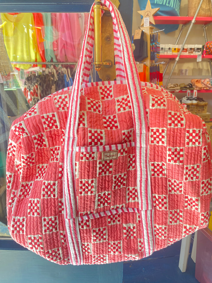 Twizzell Indian Block Print Weekend Bag - Pink Checkerboard