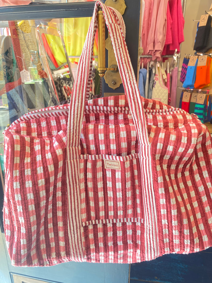 Twizzell Indian Block Print Weekend Bag - Pink & Red Gingham