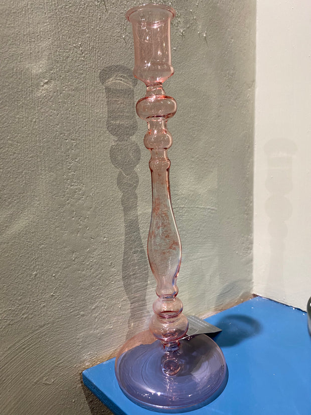 Clear Pink Glass Tall Candlestick