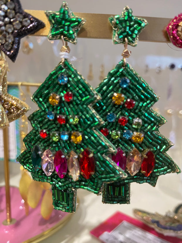 My Doris Beaded Christmas Tree Earrings Rainbow and Green