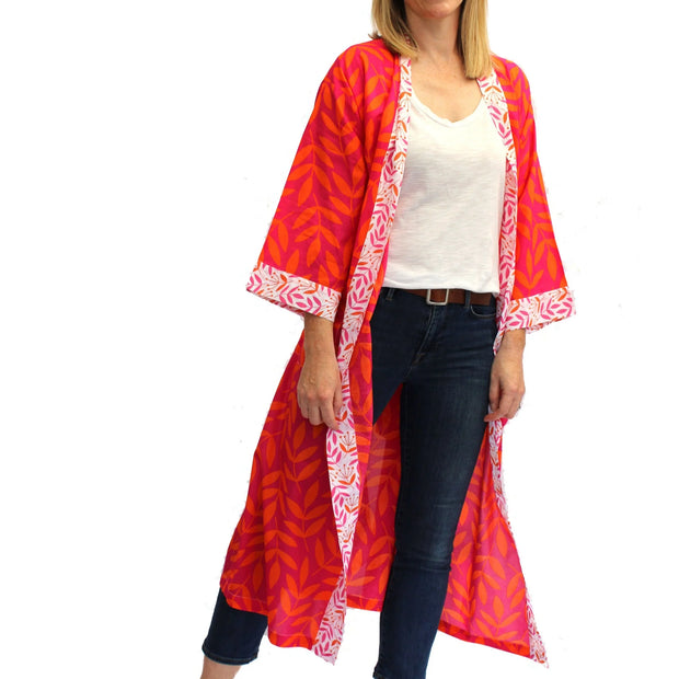 Lime Tree Block Printed Kimono - Magenta & Orange Leaf