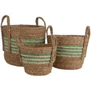 Set of 3 Straw & Corn Baskets - Green Stripe