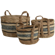Set of 3 Straw & Corn Baskets - Blue Stripe