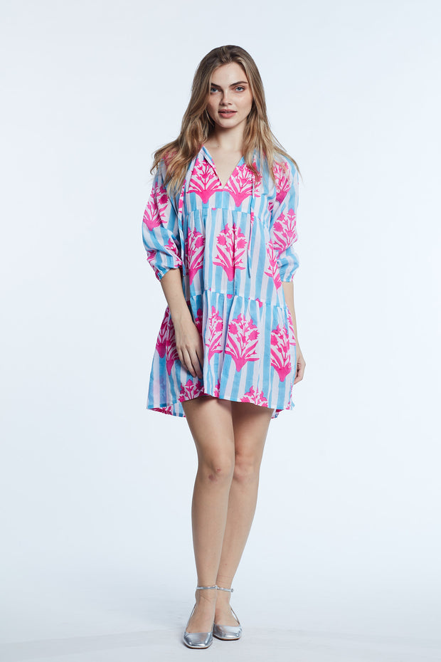SZ Blockprints Priya Dress In Hot Pink & Cornflower Blue