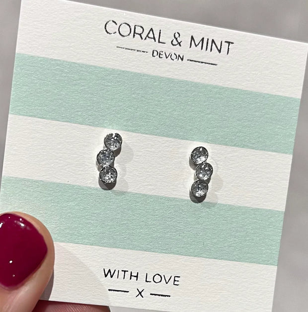 Coral & Mint Tri Circle Studs - Silver Sparkly Enamel