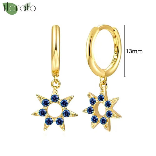 Gold Hoop Earrings with Blue Stars